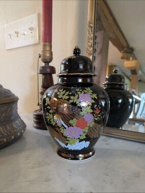 Vintage Black Japanese Interpur Ginger Jar with Peacock Design